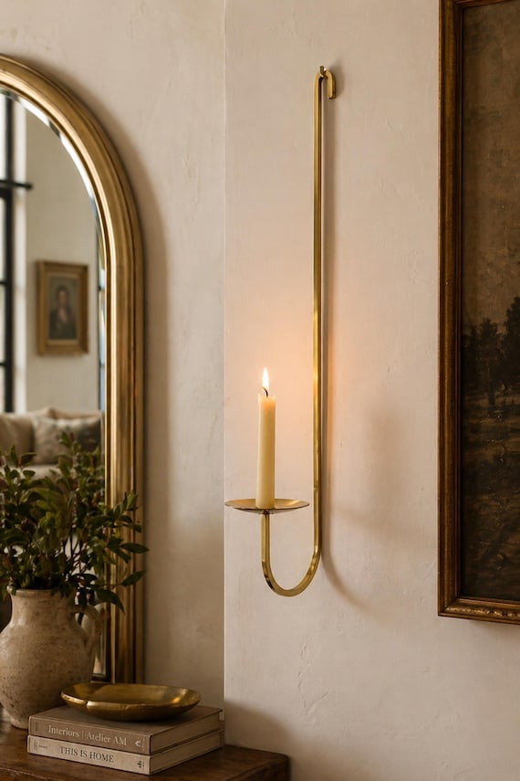 Brass Wall Sconce Candle Holder, Minimalist Taper Candle Sconce, Handmade Unlacquered Brass Wall Decor, Modern Vintage Home Lighting