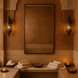 Puede incluir: Un interior tipo spa con tonos cálidos. Un gran espejo rectangular cuelga sobre una repisa con toallas enrolladas, cuencos con pétalos y velas encendidas. Dos faroles colgantes ornamentados flanquean el espejo, proyectando un brillo suave. Las paredes son de un color rico y terroso.