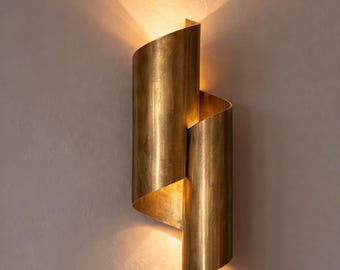 Unlacquered Brass Twisted Sconce – Modern Patinated Wall Light Fixture – 12” Sculptural Lamp