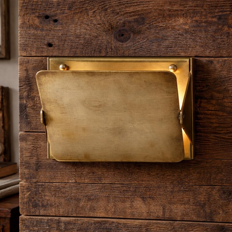 May include: A brass wall-mounted light fixture with a hinged cover, mounted on a rustic wooden wall. The fixture has a rectangular backplate and a hinged front panel that opens to reveal a warm light. The wood has a natural, aged appearance.