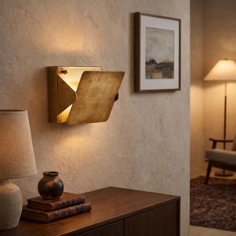 May include: A wall-mounted, antique brass light fixture with a hinged, rectangular cover. The cover is open, revealing a warm, inviting glow. The fixture is mounted on a textured, beige wall. A lamp and a small table with books and a vase are in the foreground.
