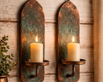 Lot de 2 bougeoirs muraux en cuivre vert de gris, appliques murales patinées vertes, décoration murale en cuivre massif, éclairage de ferme rustique vintage