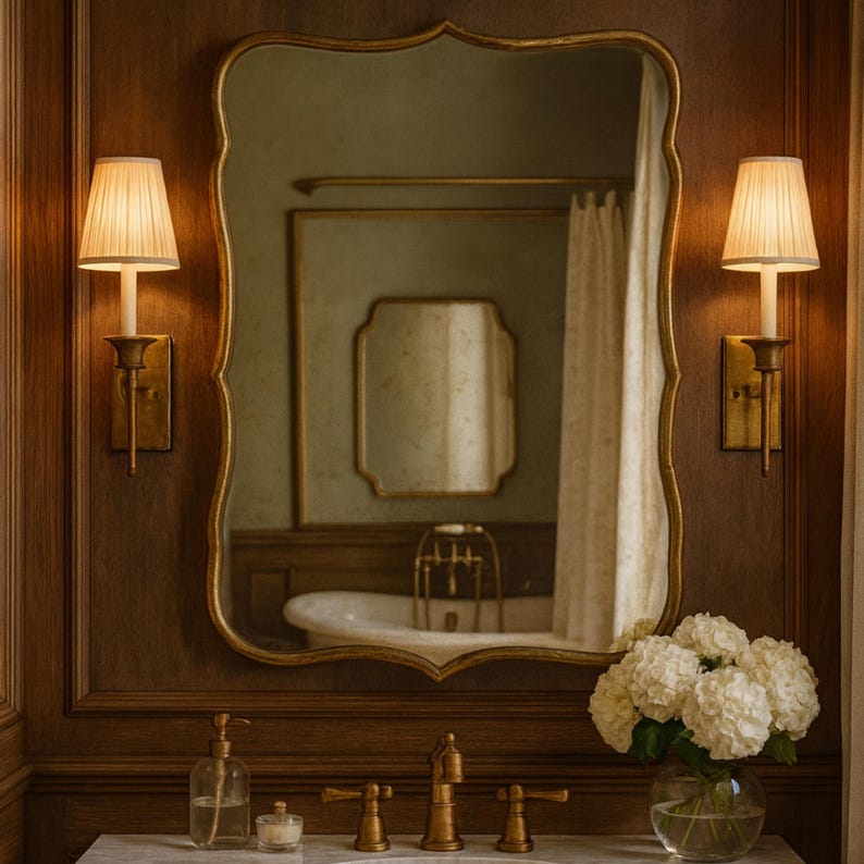 May include: A bathroom scene featuring a large, ornate gold-framed mirror. Two sconces with pleated lampshades flank the mirror. A marble countertop holds a glass soap dispenser, a small jar, and a vase of white flowers. The room has a warm, inviting ambiance.