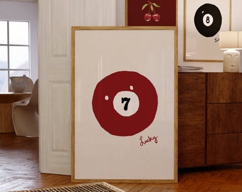 Lucky Seven Pool Ball Arte de pared dibujado a mano / Decoración estética del apartamento / Arte de pared imprimible digital / Póster de arte de descarga instantánea