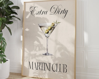 Arte de pared de cóctel de Martini Club extra sucio, Impresión de carrito de bar de cóctel retro, Arte de pared de cocina, Impresión digital, Arte de pared de moda imprimible