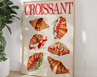 Arte de pared de croissant estético / Impresión de cafetería / Arte de pared de cocina / Impresión digital / Arte de pared de moda imprimible