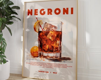 Negroni Cocktail Wall Art / Retro Cocktail Bar Cart Print / Kitchen Wall Art / Impresión digital / Arte de pared de moda imprimible