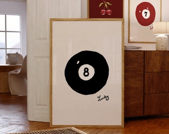Lucky 8 Ball Pool Ball Arte de pared dibujado a mano / Decoración estética de apartamentos / Arte de pared imprimible digital / Póster de arte de descarga instantánea