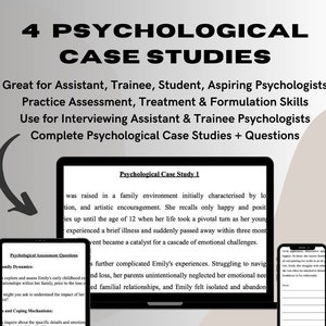 May include: A digital download for 4 psychological case studies. The image shows a computer screen with a case study titled "Psychological Case Study 1" and a smartphone with assessment questions. The text "PDF Digital Download" and "SHOP NOW" is displayed on the screen.
