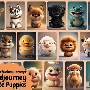 AI Art, Professional Midjourney Prompt for Cute Cartoon Baby Puppy Animals, Commercial Use, +Free Midjourney guide