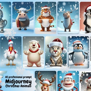 AI Art, Professional Midjourney Prompt for Cute Cartoon Christmas Animals, Animal Cliparts, Commercial Use, +Free Midjourney guide