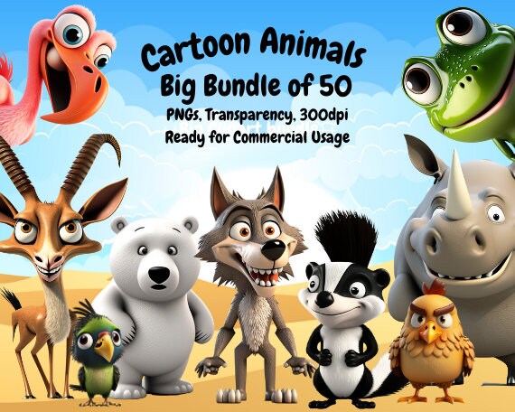 3D Cartoon Animal Pngs, Transparent PNG Bundle 50 Files, Commercial Use ...