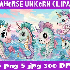 5 childrens Seahorse Unicorn stickers PNG JPG PDF Digital Download Cricut Ready Clipart