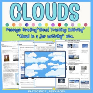 Puede incluir: Un recurso educativo digital titulado CLOUDS que incluye una lectura, una actividad de seguimiento de nubes y una hoja de identificación. El diseño contiene texto, diagramas y un gráfico central rectangular de nubes blancas.