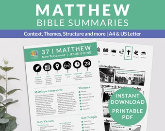 Matthew Bible book summary printable New Testament Bible study notes Scripture sheets books of the Bible breakdown inductive method resource