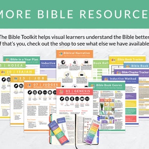 May include: A collection of printable Bible study resources, including a Bible in a Year Plan, Inductive Study, Biblical Narrative, Bible Book Tracker, Bible Chapter Tracker, Bible Book Sizes, Inductive Method, and Bible Book Genres. The resources are color-coded and feature different Bible books and themes.