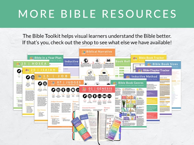 May include: A collection of printable Bible study resources, including a Bible in a Year Plan, Inductive Study, Biblical Narrative, Bible Book Tracker, Bible Chapter Tracker, Bible Book Sizes, Inductive Method, and Bible Book Genres. The resources are color-coded and feature different Bible books and themes.