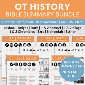 Hojas de resumen de libros de historia de la Biblia para estudiantes visuales, paquete de notas de las Sagradas Escrituras, paquete de desgloses de la Biblia para imprimir, descripción general de Josué a Ester