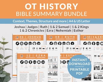 May include: A printable PDF bundle of Old Testament Bible summaries. The bundle includes summaries for Joshua, Judges, Ruth, 1 & 2 Samuel, 1 & 2 Kings, 1 & 2 Chronicles, Ezra, Nehemiah, and Esther. Each summary includes information on context, themes, structure, and more.