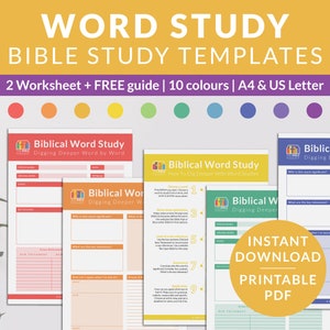 May include: Two printable Bible study worksheets with the title "Biblical Word Study: Digging Deeper Word by Word". The worksheets are in different colors, including red, orange, yellow, green, blue, and purple. The text "INSTANT DOWNLOAD PRINTABLE PDF" is in a yellow circle.