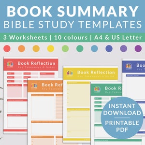 May include: Printable Bible study templates with 3 worksheets in 10 different colours. The templates are designed for A4 and US Letter paper sizes. The text on the templates reads "Book Reflection Key Takeaways & Notes".