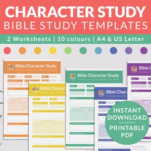 May include: A collection of printable Bible study templates in various colors. The design includes the text "CHARACTER STUDY BIBLE STUDY TEMPLATES" and "INSTANT DOWNLOAD PRINTABLE PDF". The templates are available in A4 and US Letter sizes.