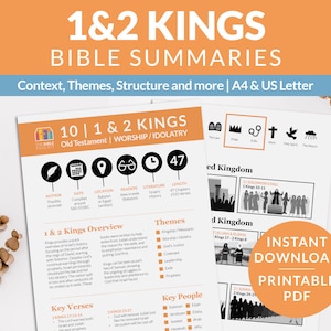 May include: Printable PDF download of a Bible study guide for the books of 1 & 2 Kings. The guide includes a summary of the books, key verses, themes, key people, and a timeline of the divided kingdom. The guide is in black and white with a peach background.
