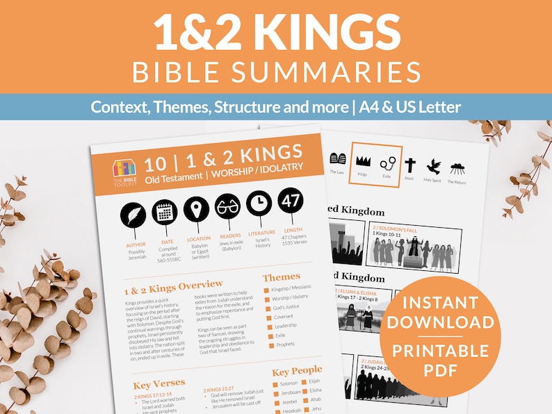 May include: Printable PDF download of a Bible study guide for the books of 1 & 2 Kings. The guide includes a summary of the books, key verses, themes, key people, and a timeline of the divided kingdom. The guide is in black and white with a peach background.