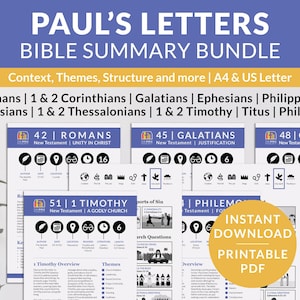 Resúmenes de los libros de la Biblia Paquete de cartas de Pablo Notas imprimibles de desglose de las Escrituras Recursos del método de estudio bíblico inductivo cristiano