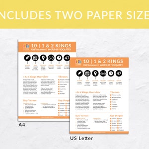 May include: Two printable Bible study guides for 1 & 2 Kings, featuring an overview, key verses, key people, and themes. The guides are available in A4 and US Letter sizes.