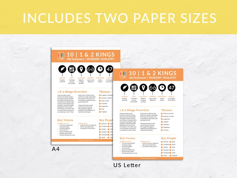 May include: Two printable Bible study guides for 1 & 2 Kings, featuring an overview, key verses, key people, and themes. The guides are available in A4 and US Letter sizes.