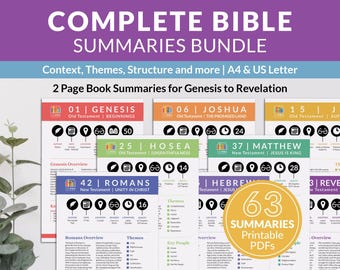 May include: A colorful set of 63 printable Bible book summaries. Each summary includes the book title, testament, theme, and number of chapters. The summaries are designed for A4 and US Letter paper sizes.