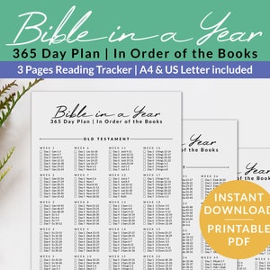 Orden de libros del plan de lectura de la Biblia en un año sin fecha, rastreador de Escrituras imprimible, 365 días 52 semanas, lista de verificación de libros de la Biblia, Carta, A4