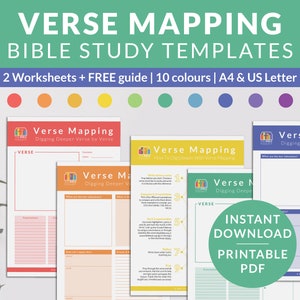 Verse mapping Bible study template bundle, James method printable, Christian daily devotional worksheet, Colorful Bible study notes digital