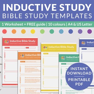 Può includere: Modelli di studio biblico stampabili in 10 colori diversi. I modelli sono progettati per lo studio biblico induttivo e includono sezioni per l'osservazione, l'interpretazione e l'applicazione. Il testo sull'immagine recita "Modelli di studio biblico induttivo, 1 foglio di lavoro + guida GRATUITA | 10 colori | A4 e US Letter, Download immediato PDF stampabile".