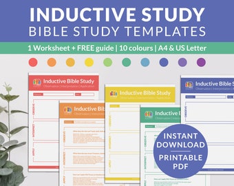 May include: Printable Bible study templates in 10 different colors. The templates are designed for inductive Bible study and include sections for observation, interpretation, and application. The text on the image reads "Inductive Bible Study Templates, 1 Worksheet + FREE guide | 10 colours | A4 & US Letter, Instant Download Printable PDF".