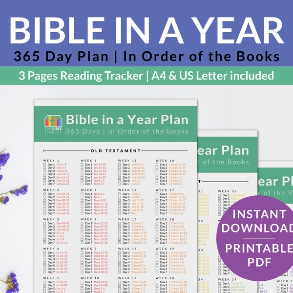 Bible in a year reading plan books order undated, printable Scripture tracker, 365 days 52 weeks, books of the Bible checklist, Letter, A4