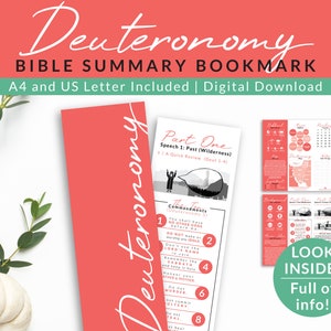 May include: A printable bookmark with a pink background and white text. The bookmark is a summary of the book of Deuteronomy in the Bible. The bookmark includes a map, timeline, and the Ten Commandments. The text on the bookmark says "Deuteronomy Bible Summary Bookmark" and "Look Inside! Full of info!"