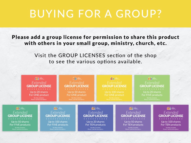 May include: A graphic showing different group license options for sharing a product with others. The options include up to 20, 50, 100 shares for one, five, or ten products. The text "Extended Group License" is displayed on each option.