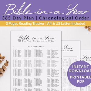 Plan de lectura cronológico de la Biblia en un año sin fecha, rastreador de Escrituras imprimible, 365 días 52 semanas, lista de verificación de libros de la Biblia, Carta, A4