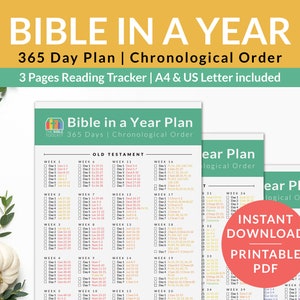 Plan de lectura cronológico de la Biblia en un año sin fecha, rastreador de Escrituras imprimible, 365 días 52 semanas, lista de verificación de libros de la Biblia, Carta, A4