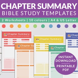 Könnte beinhalten: Vier druckbare Bibelstudienvorlagen mit dem Text "Chapter Summary" und "Unpack every chapter of the Bible". Die Vorlagen sind in verschiedenen Farben: Rot, Orange, Gelb und Blau. Der Text "INSTANT DOWNLOAD PRINTABLE PDF" befindet sich in einem violetten Kasten.
