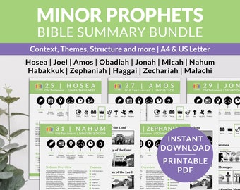 Minor Prophets Bible books summaries, fun Christian resources, Scripture notes bundle, Printable Bible breakdowns, Hosea to Malachi overview