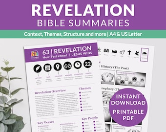 May include: A printable PDF guide to the Book of Revelation in the Bible. The guide includes a summary of the book, key verses, themes, and key people. The guide is designed for use with A4 or US Letter paper.