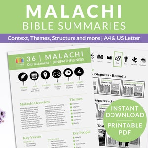 Può includere: Un download di PDF stampabile per una guida allo studio biblico sul libro di Malachia. La guida include una panoramica del libro, versetti chiave, temi e personaggi chiave. La guida è progettata per l'uso con carta A4 o US Letter.