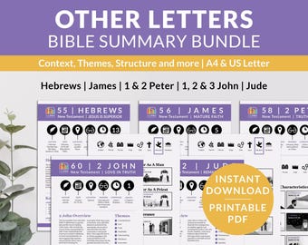 May include: A printable PDF bundle of Bible study guides for the books of Hebrews, James, 1 & 2 Peter, 1, 2 & 3 John, and Jude. Each guide includes information on the author, location, date, themes, and structure of the book. The guides are designed for use with A4 or US Letter paper.