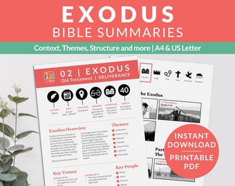 Exodus printable Bible cheat sheets, Old Testament breakdowns books of the Bible notes, Inductive method resources, Christian printables PDF