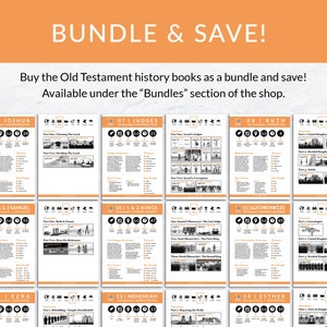 May include: A collage of 10 printable Old Testament history books. Each book is represented by a page with a title, a description, and a few images. The books are Joshua, Judges, Ruth, 1 & 2 Samuel, 1 & 2 Kings, 1 & 2 Chronicles, Ezra, Nehemiah, and Esther.