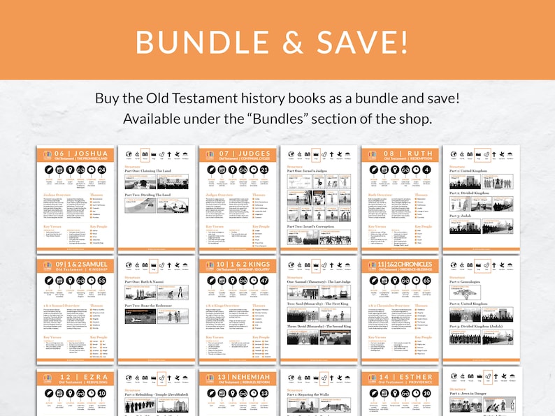May include: A collage of 10 printable Old Testament history books. Each book is represented by a page with a title, a description, and a few images. The books are Joshua, Judges, Ruth, 1 & 2 Samuel, 1 & 2 Kings, 1 & 2 Chronicles, Ezra, Nehemiah, and Esther.