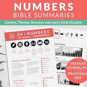 May include: Printable Bible study guide for the book of Numbers in the Old Testament. The guide includes information about the author, date, location, readers, literature, length, themes, key people, and a key verse. The guide also includes illustrations of Mount Sinai and the wilderness.